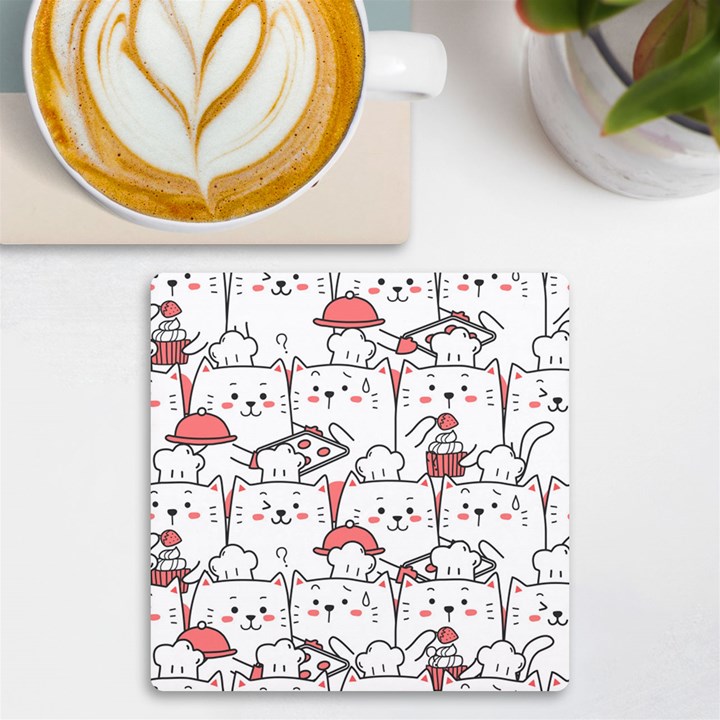 Cute-cat-chef-cooking-seamless-pattern-cartoon UV Print Square Tile Coaster 