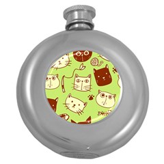 Cute-hand-drawn-cat-seamless-pattern Round Hip Flask (5 Oz) by Simbadda