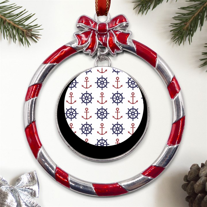 Nautical-seamless-pattern Metal Red Ribbon Round Ornament