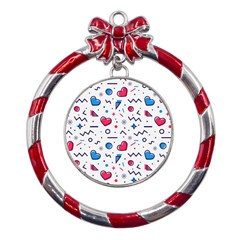 Hearts-seamless-pattern-memphis-style Metal Red Ribbon Round Ornament