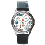 Nautical-elements-pattern-background Round Metal Watch Front