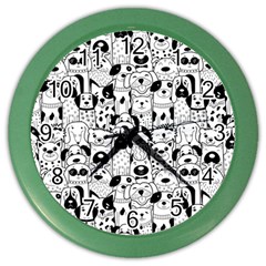 Seamless-pattern-with-black-white-doodle-dogs Color Wall Clock by Simbadda