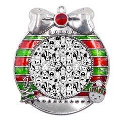 Seamless-pattern-with-black-white-doodle-dogs Metal X mas Ribbon With Red Crystal Round Ornament