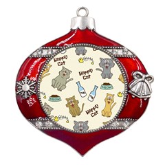 Happy-cats-pattern-background Metal Snowflake And Bell Red Ornament by Simbadda