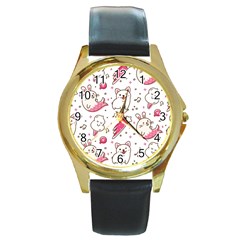 Cute-animals-seamless-pattern-kawaii-doodle-style Round Gold Metal Watch by Simbadda