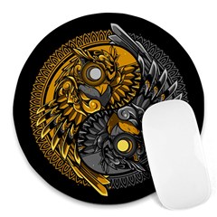 Yin-yang-owl-doodle-ornament-illustration Round Mousepad by Simbadda