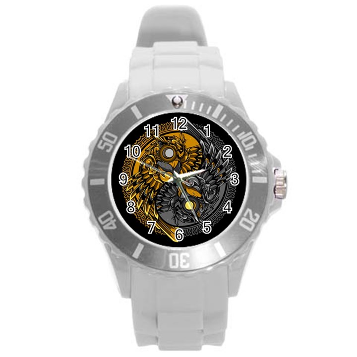 Yin-yang-owl-doodle-ornament-illustration Round Plastic Sport Watch (L)