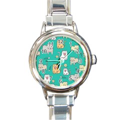 Seamless-pattern-cute-cat-cartoon-with-hand-drawn-style Round Italian Charm Watch by Simbadda