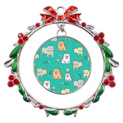 Seamless-pattern-cute-cat-cartoon-with-hand-drawn-style Metal X mas Wreath Ribbon Ornament by Simbadda