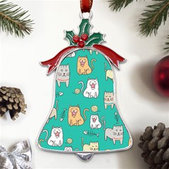 Seamless-pattern-cute-cat-cartoon-with-hand-drawn-style Metal Holly Leaf Bell Ornament by Simbadda