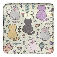 Funny Cartoon Cat Seamless Pattern Square Glass Fridge Magnet (4 Pack)