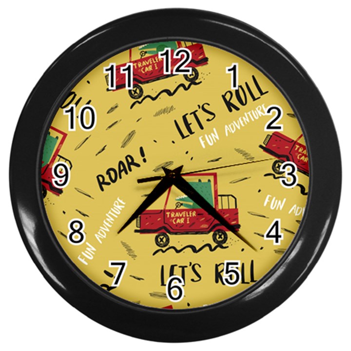 Childish-seamless-pattern-with-dino-driver Wall Clock (Black)