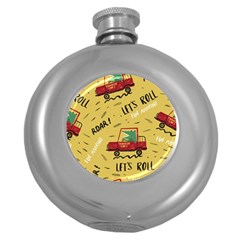 Childish-seamless-pattern-with-dino-driver Round Hip Flask (5 Oz) by Simbadda