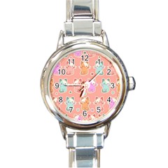 Cute-kawaii-kittens-seamless-pattern Round Italian Charm Watch by Simbadda