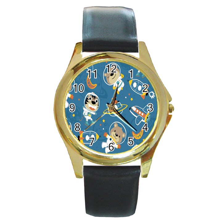 Seamless-pattern-funny-astronaut-outer-space-transportation Round Gold Metal Watch