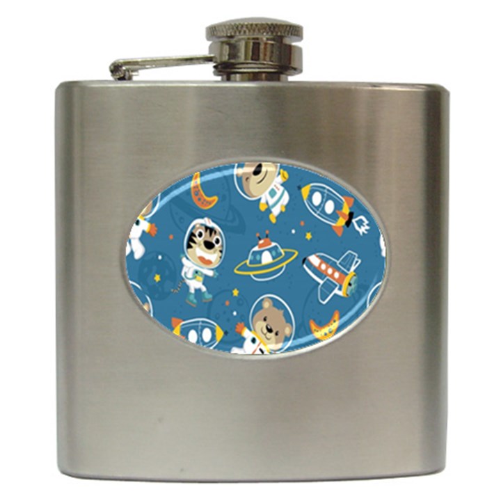 Seamless-pattern-funny-astronaut-outer-space-transportation Hip Flask (6 oz)