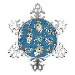 Seamless-pattern-funny-astronaut-outer-space-transportation Metal Small Snowflake Ornament by Simbadda