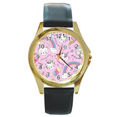 Beautiful-cute-animals-pattern-pink Round Gold Metal Watch by Simbadda