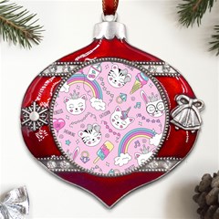 Beautiful-cute-animals-pattern-pink Metal Snowflake And Bell Red Ornament by Simbadda