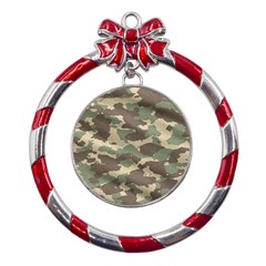 Camouflage Design Metal Red Ribbon Round Ornament by Excel