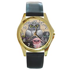 Graffiti Owl Design Round Gold Metal Watch