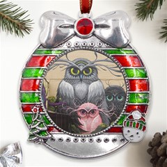 Graffiti Owl Design Metal X mas Ribbon With Red Crystal Round Ornament by Excel