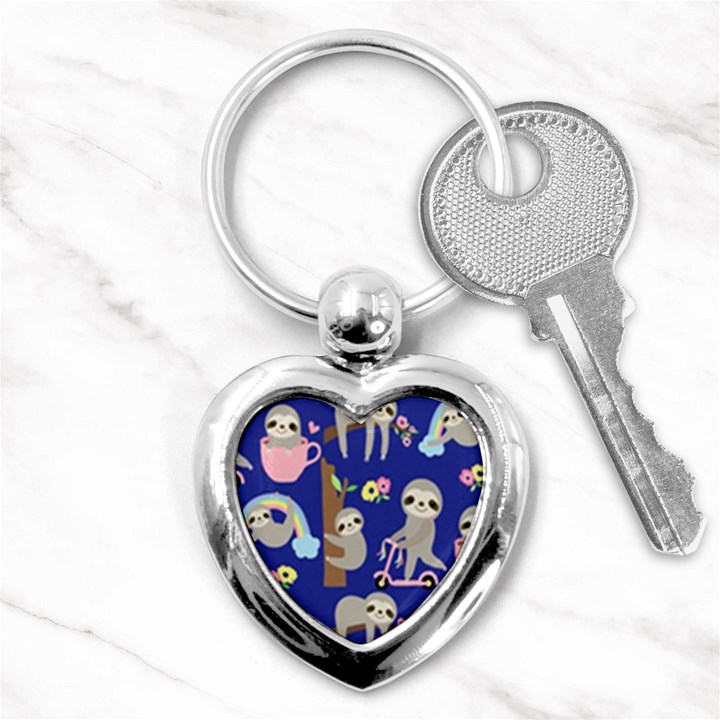 Hand-drawn-cute-sloth-pattern-background Key Chain (Heart)