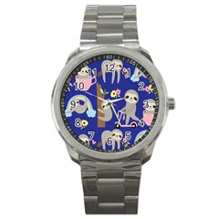 Hand-drawn-cute-sloth-pattern-background Sport Metal Watch by Simbadda