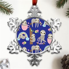 Hand-drawn-cute-sloth-pattern-background Metal Small Snowflake Ornament by Simbadda