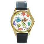 Dangerous-streptococcus-lactobacillus-staphylococcus-others-microbes-cartoon-style-vector-seamless-p Round Gold Metal Watch Front