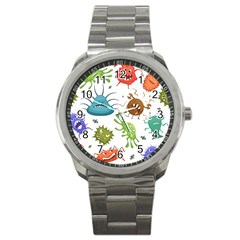 Dangerous-streptococcus-lactobacillus-staphylococcus-others-microbes-cartoon-style-vector-seamless-p Sport Metal Watch by Simbadda