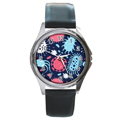 Seamless-pattern-microbes-virus-vector-illustration Round Metal Watch by Simbadda