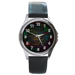 Mathematical-colorful-formulas-drawn-by-hand-black-chalkboard Round Metal Watch by Simbadda