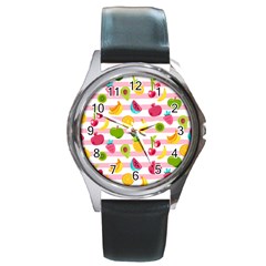 Tropical-fruits-berries-seamless-pattern Round Metal Watch by Simbadda