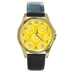 Lemon-fruits-slice-seamless-pattern Round Gold Metal Watch by Simbadda