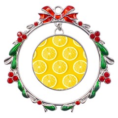 Lemon-fruits-slice-seamless-pattern Metal X mas Wreath Ribbon Ornament by Simbadda