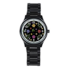 Embroidery-seamless-pattern-with-flowers Stainless Steel Round Watch by Simbadda