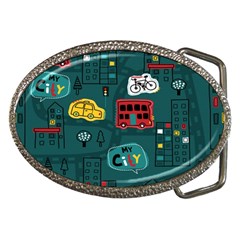 Seamless-pattern-hand-drawn-with-vehicles-buildings-road Belt Buckles by Simbadda