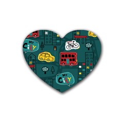 Seamless-pattern-hand-drawn-with-vehicles-buildings-road Rubber Coaster (heart) by Simbadda