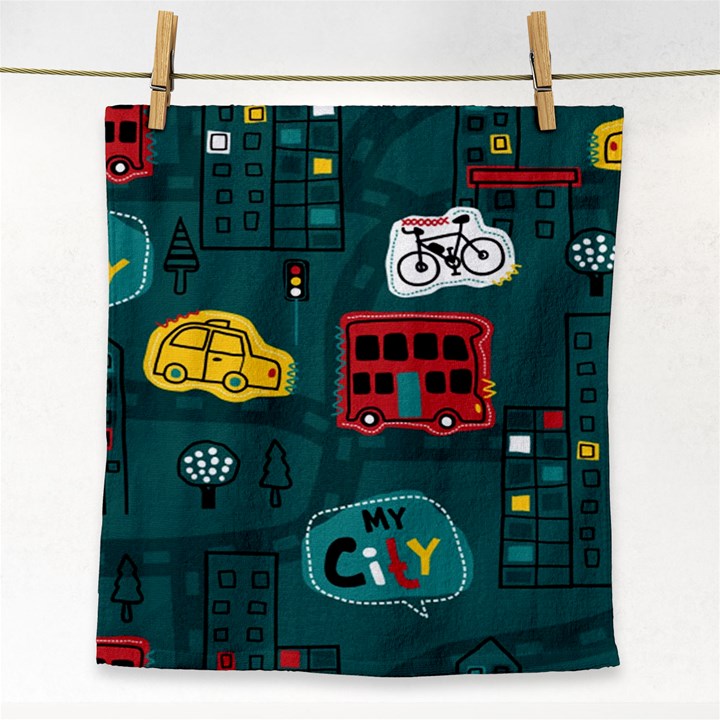 Seamless-pattern-hand-drawn-with-vehicles-buildings-road Face Towel