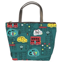 Seamless-pattern-hand-drawn-with-vehicles-buildings-road Bucket Bag by Simbadda