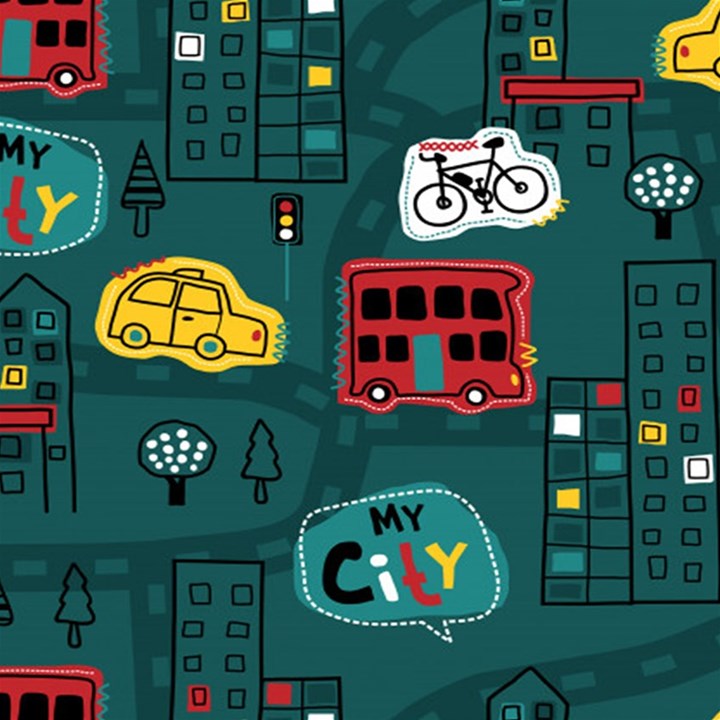 Seamless-pattern-hand-drawn-with-vehicles-buildings-road Play Mat (Rectangle)