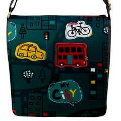 Seamless-pattern-hand-drawn-with-vehicles-buildings-road Flap Closure Messenger Bag (s) by Simbadda