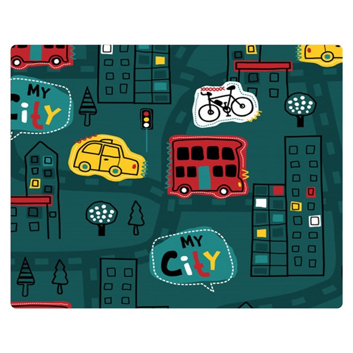 Seamless-pattern-hand-drawn-with-vehicles-buildings-road Two Sides Premium Plush Fleece Blanket (Medium)