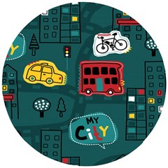 Seamless-pattern-hand-drawn-with-vehicles-buildings-road Wooden Puzzle Round by Simbadda