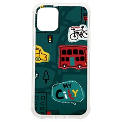 Seamless-pattern-hand-drawn-with-vehicles-buildings-road Iphone 12 Mini Tpu Uv Print Case	 by Simbadda