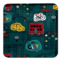 Seamless-pattern-hand-drawn-with-vehicles-buildings-road Square Glass Fridge Magnet (4 Pack) by Simbadda