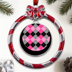 Seamless-argyle-pattern Metal Red Ribbon Round Ornament by Simbadda