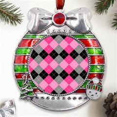 Seamless-argyle-pattern Metal X mas Ribbon With Red Crystal Round Ornament by Simbadda