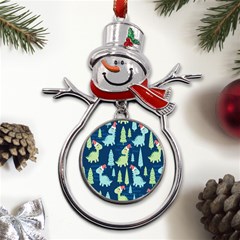 Cute-dinosaurs-animal-seamless-pattern-doodle-dino-winter-theme Metal Snowman Ornament by Simbadda